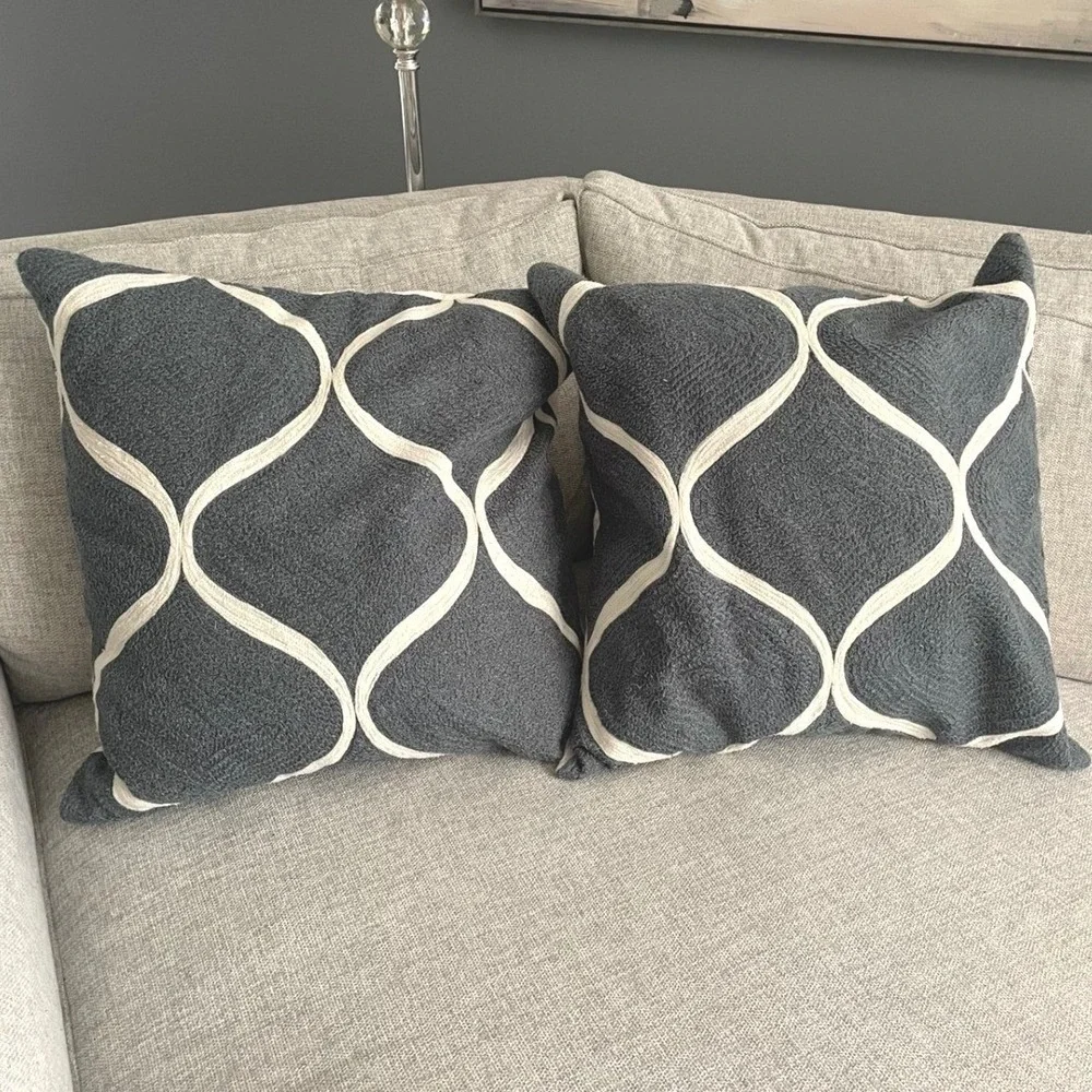 Set of 2 Pottery Barn Embroidered Pillow Covers w/ inserts Blue Grey‎ 18x18
